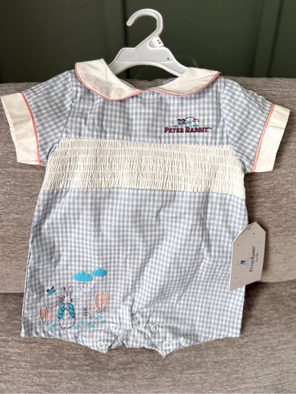 Peter Rabbit Blue Gingham Smocked Baby Romper 6 Month New with Tags